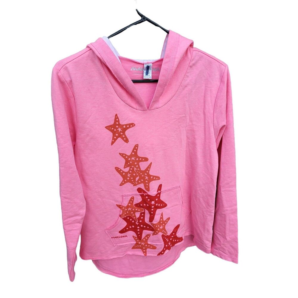 Marushka‎ Hooded Top S Womens Pink Long Sleeve Star Fish Artsy Art Deco Sea